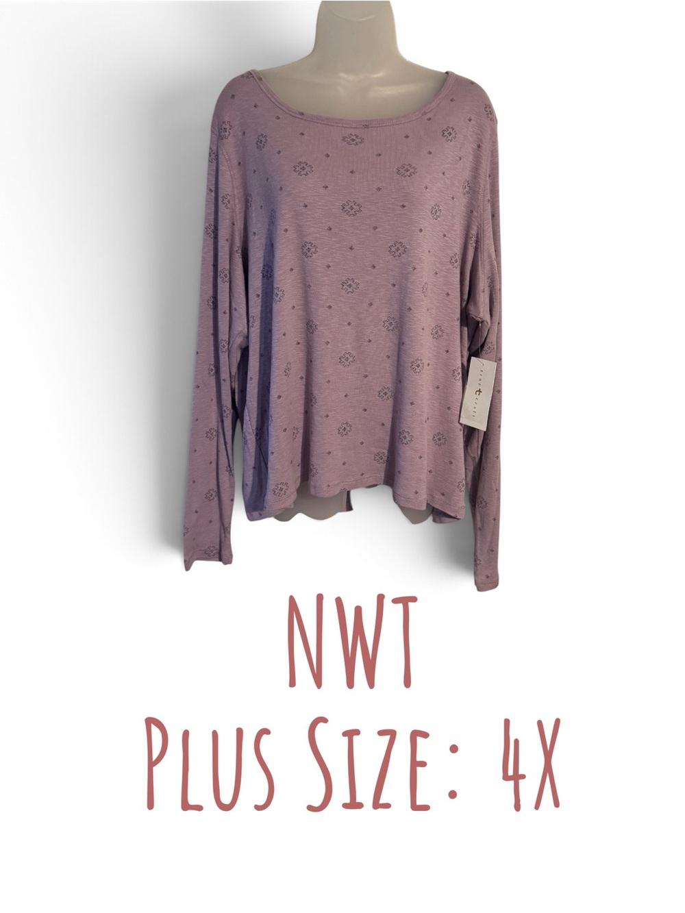 True Craft Plus Size 4X Lavender Long-Sleeve Scoop Neck Top